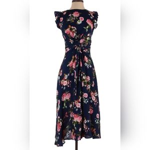 Navy Blue Floral Mid-Length Dress